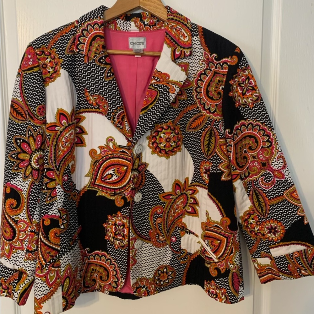 Chico's Vibrant Paisley Blazer with Pink Lining